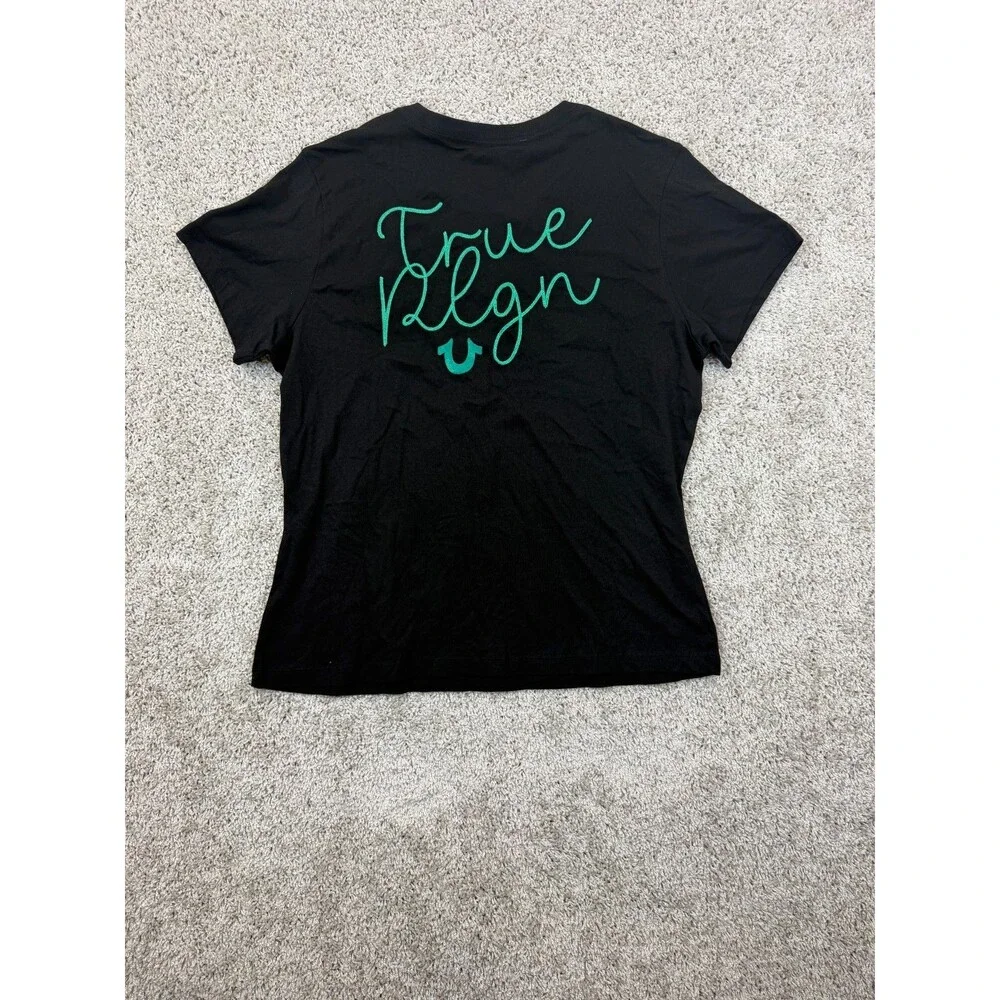 True Religion Men's TR Chain Stitch T-Shirt XL Jet Black Green Logo NWT $59